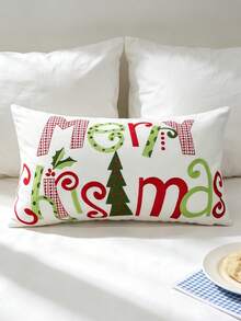 1pc Christmas Merry Christmas Embroidered Rectangular Throw Pillow Cover, Red & Green Letter Christmas Tree Embroidery Cushion Case, Living Room Sofa Atmosphere Decor Bedroom Bedside, Zipper Closure, Machine Washable, Pillow Insert Not Included - Multicolor - View 1