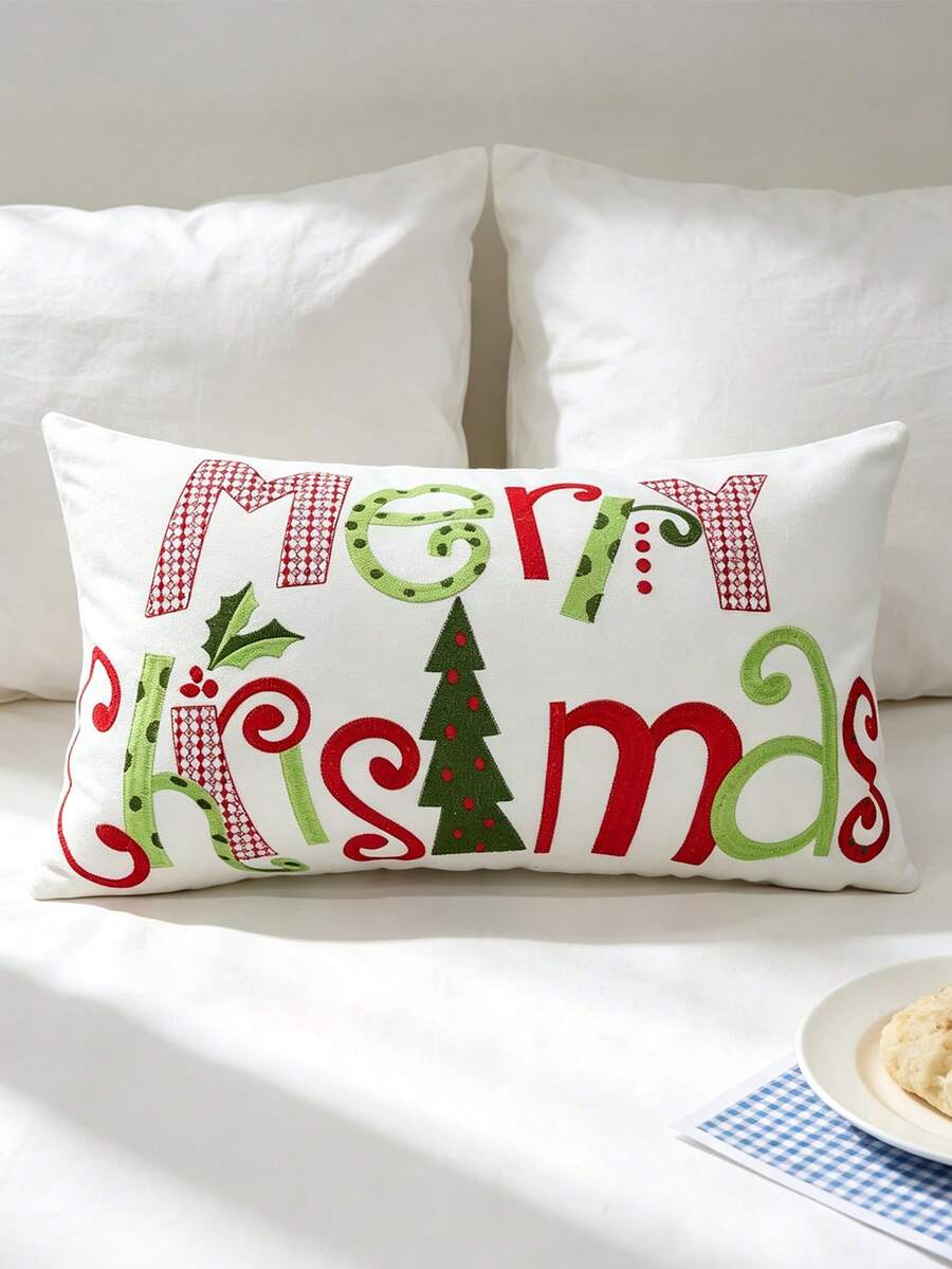 1pc Christmas Merry Christmas Embroidered Rectangular Throw Pillow Cover, Red & Green Letter Christmas Tree Embroidery Cushion Case, Living Room Sofa Atmosphere Decor Bedroom Bedside, Zipper Closure, Machine Washable, Pillow Insert Not Included - Multicolor - View 1