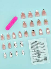 24 Peças Unhas Postiças de Formato Amendoado Curto Estilo Minimalista, Design Elegante com Acabamento Dourado 3D, Estrela Francesa e Pérola Incrustada, com Cola de Gelatina e Lixa de Unha, Adequado para Uso Diário, Baile de Formatura e Arte de Unhas para Festa - Multicolorido - Visão 2