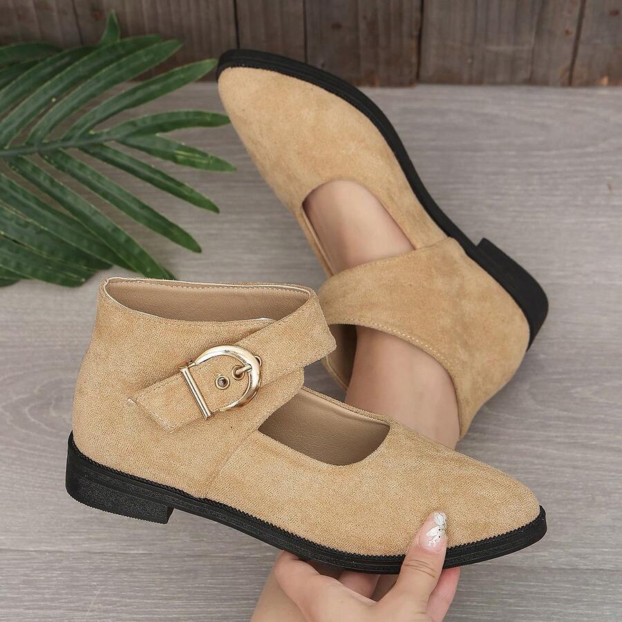 Women's Solid Color Buckle Ankle Strap Open Toe Flat Shoes, Fashion Commuter Shoes, Spring/Autumn - Khaki - View 1