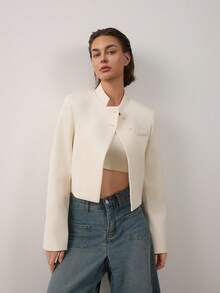 Women's Minimalist Stand Collar Asymmetric Short Blazer Jacket Autumn - Beige - View 4