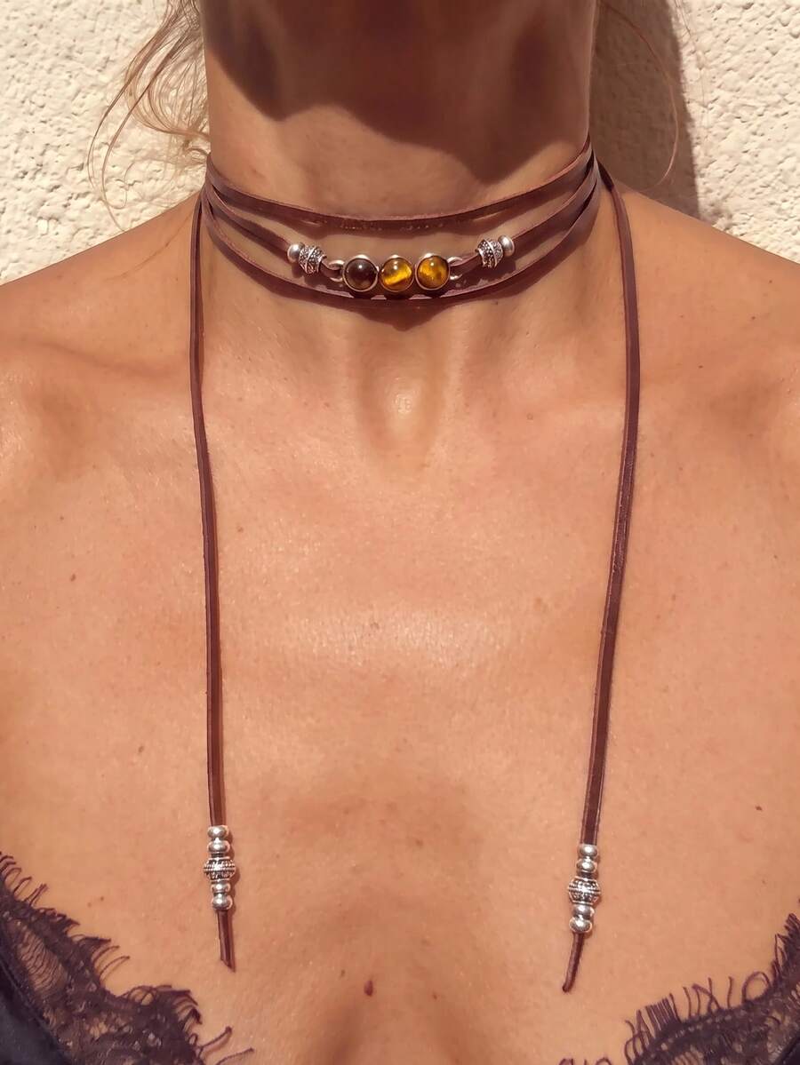 1pc European & American Style Necklace With Brown Vintage Floral Pattern Long Chain, Western Style Versatile Personalized Collarbone Chain Jewelry - Multicolor - View 1