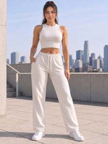 Women High Waist Wide Leg Pants Loose Fit Casual Trousers With Drawstring Waist Solid Color Pants For Everyday Outfit. - White - View 5