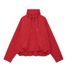 Women's Stand Collar Zipper Drawstring Hem Jacket, Casual Drop Shoulder Long Sleeve Outerwear - Red - View 10