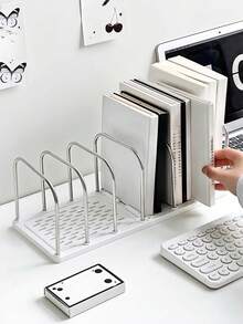 1/2pcs Metal + PP Material Desktop Bookshelf | Non-Slip Base + Adjustable Dividers Vertical Small Book Stand | Modern Minimalist Office Desk Organizer | Mail & Document Sorting Rack | Student Dorm Desk Storage Shelf | Home Stationery/Cosmetics/Books Organizer - Multicolor - View 1