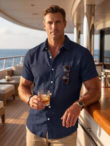 Men's Summer/Autumn Breathable Comfortable Short Sleeve Linen Button Shirt, Single Pocket Design, Breathable & Fashionable, Suitable For Beach Vacation, Back To School Season, And Casual Daily Wear - Navy Blue - View 1