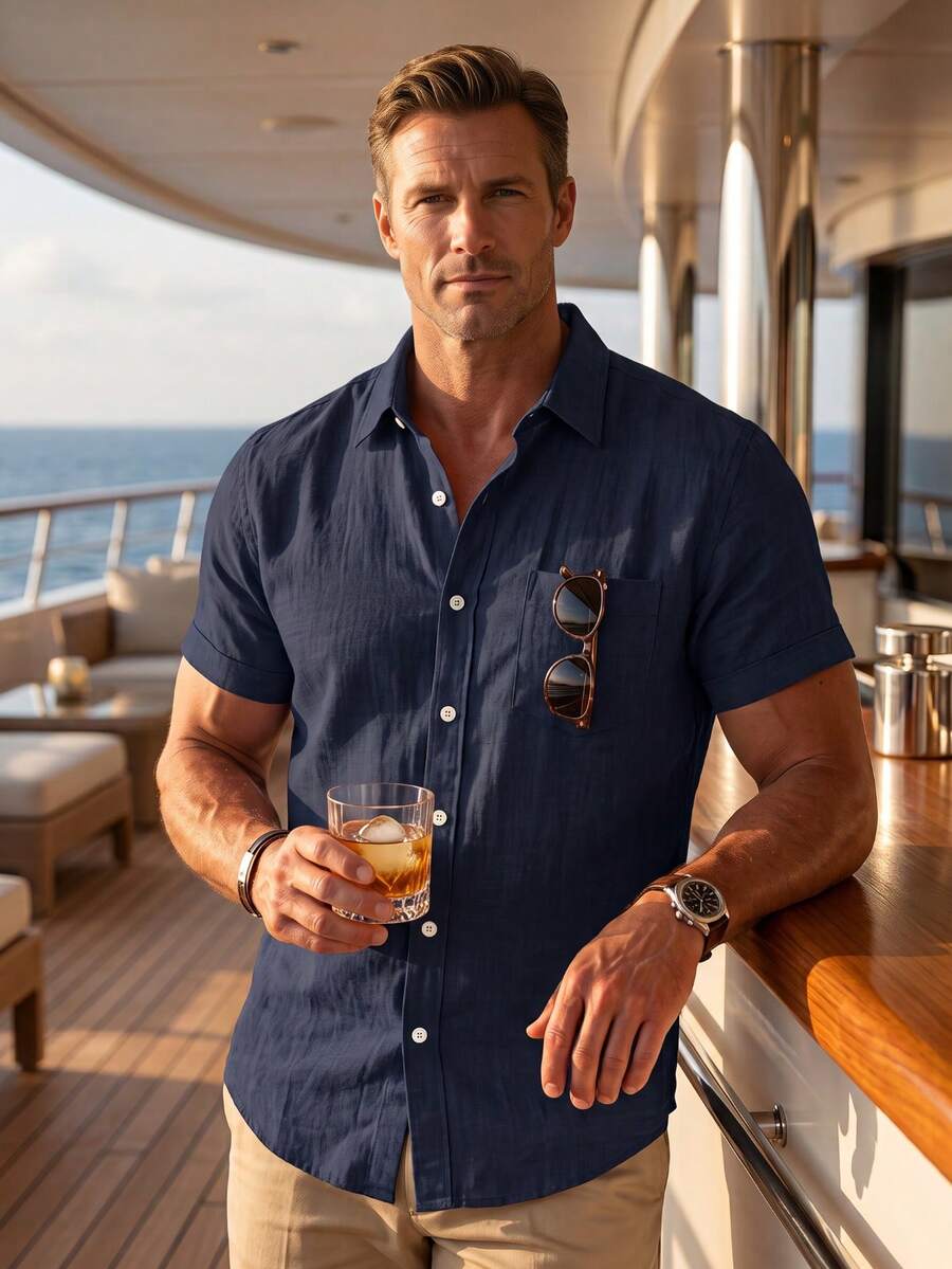 Men's Summer/Autumn Breathable Comfortable Short Sleeve Linen Button Shirt, Single Pocket Design, Breathable & Fashionable, Suitable For Beach Vacation, Back To School Season, And Casual Daily Wear - Navy Blue - View 1