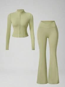 NcmRyu Women's One Set Solid Color Stand Collar Zipper Short Jacket & Criss-Cross V Waist Flared Pants Sports Outfit - Green - View 3