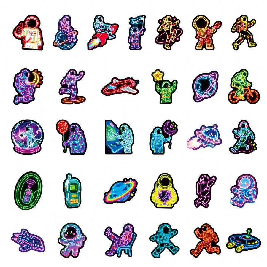 56Pcs New Neon Astronaut Doodle Stickers, Creative Cute Cartoon Decals For Water Bottle, Notebook DIY Aesthetic Decoration - 56PCS - View 1