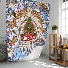1pc/4pcs Festive Christmas Town Pattern Multi-Functional Bathroom Decor Shower Curtain Set, Free 12 Hooks, Premium Holiday Atmosphere, Bathroom Mat, U-Shaped Rug And Round Toilet Lid Cover, Suitable For All Scenes, Bathroom Set - Merry Christmas Town - View 2