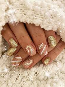 24Pcs Xmas Holiday Press‑On Nails, White Snowflake Design Full‑Cover Fake Nails, Christmas Theme Nail Art For Women And Girls - Multicolor - View 2
