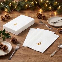 Minimalist Gold Christmas Tree Paper Napkins, Elegant White Holiday Cocktail Tissues For Xmas Party Dinner Table Decor - Style 1 - View 4