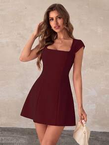 Women's Summer Burgundy Valentine's Day Dress, Short Sleeve Square Neck A-Line Mini Party Dress, Elegant For Dating, Parties And Beach - Burgundy - View 2
