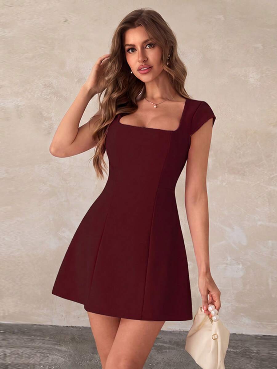 Women's Summer Burgundy Valentine's Day Dress, Short Sleeve Square Neck A-Line Mini Party Dress, Elegant For Dating, Parties And Beach