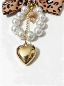 1pc New Leopard Print Fabric Bow Keychain, Sweet Faux Pearl Tassel Pendant With Gold Heart-Shaped Clasp, Key Ring, Car Bag Charm, Holiday Gift - Multicolor - View 7
