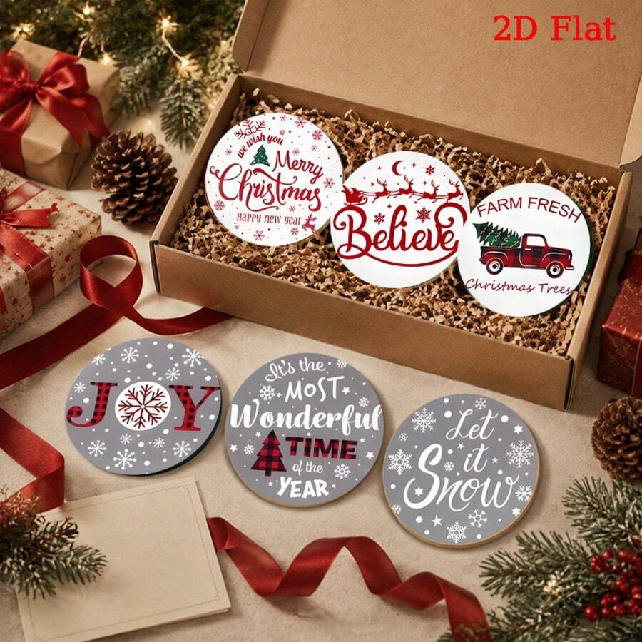 Christmas Minimalist Artistic Text Design Wooden Coaster Set, Round Printed Heat-Insulating Pads, Holiday Table Setting, Winter Atmosphere Desktop Decor, Home Tabletop Decoration, Exquisite Gift Box Holiday Small Gift - Wooden Coaster/LDX325 - View 1