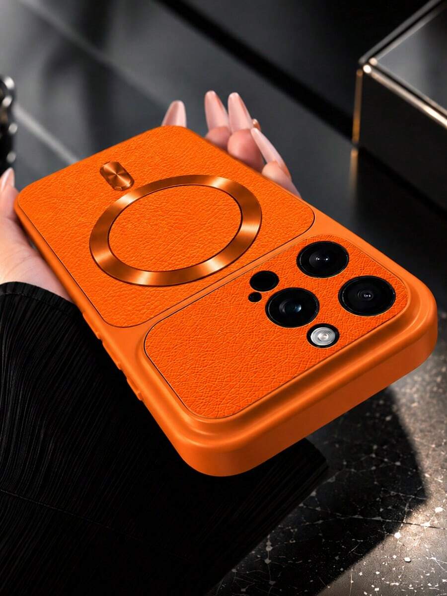 MewTrek Luxury Litchi Texture PU Leather Phone Case, Metal Ring Sticker, Large Camera Opening, Full Coverage Shockproof & Anti-Drop Protective Shell, Compatible With IPhone, Galaxy, Honor, Reno, MOTO - Orange - View 1