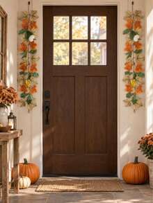 Autumn Maple Leaf & Pumpkin Dual-Color Artificial Vine Wreath (2pcs Set), Orange & Yellow Maple Leaves And Pumpkins Intertwined, Recapturing Deep Autumn Charm, Suitable For Thanksgiving, Halloween, Autumn Party And More Occasions - Multicolor - View 6