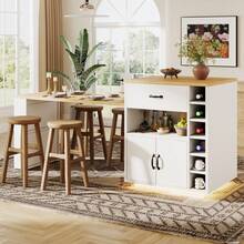 Extendable Kitchen Island With Dining Table, Multifunctional Storage Cabinet With Drawers,, Wine Rack, Kitchen & Dining Room - White + MDF - View 4