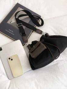Women Color Block Drawstring Tote Crossbody Bag,Detachable Mini Coin Purse,Adjustable Strap,Large Capacity,Casual Preppy For Daily Commute Shopping - Black - View 11