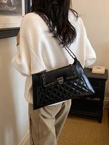 Vintage Chain Underarm Bag, High-End Glossy Lock Clasp, Large Capacity Women's Commuter Shoulder Bag - Black - View 6