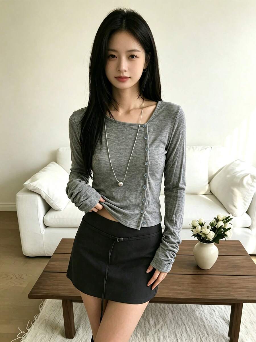 Atasan YCYC Asimetris Leher Persegi Lengan Panjang Desain Slim Fit dengan Potongan untuk Musim Gugur - Grey - View 1