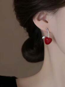 1 Pair Luxury Red Resin Asymmetrical Cherry Stud Earrings, Suitable For Women's Holiday Party Wear - Silver + Burgundy - View 4