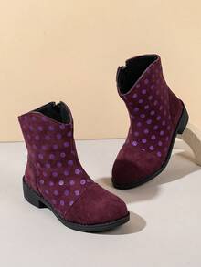 1 Pair Girls' Burgundy Purple Polka Dot Side Zipper Mid-Calf Boots, Suitable For Party, Performance, Holiday Wear - Burgundy - View 3