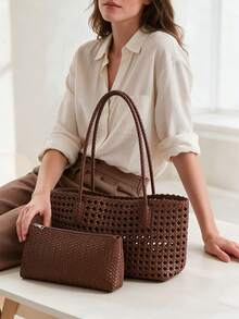 Women's Woven Tote Shoulder Bag, Hollow Design Woven Long Handle Large Capacity Vacation Casual Beach Handbag - Multi-color - View 1