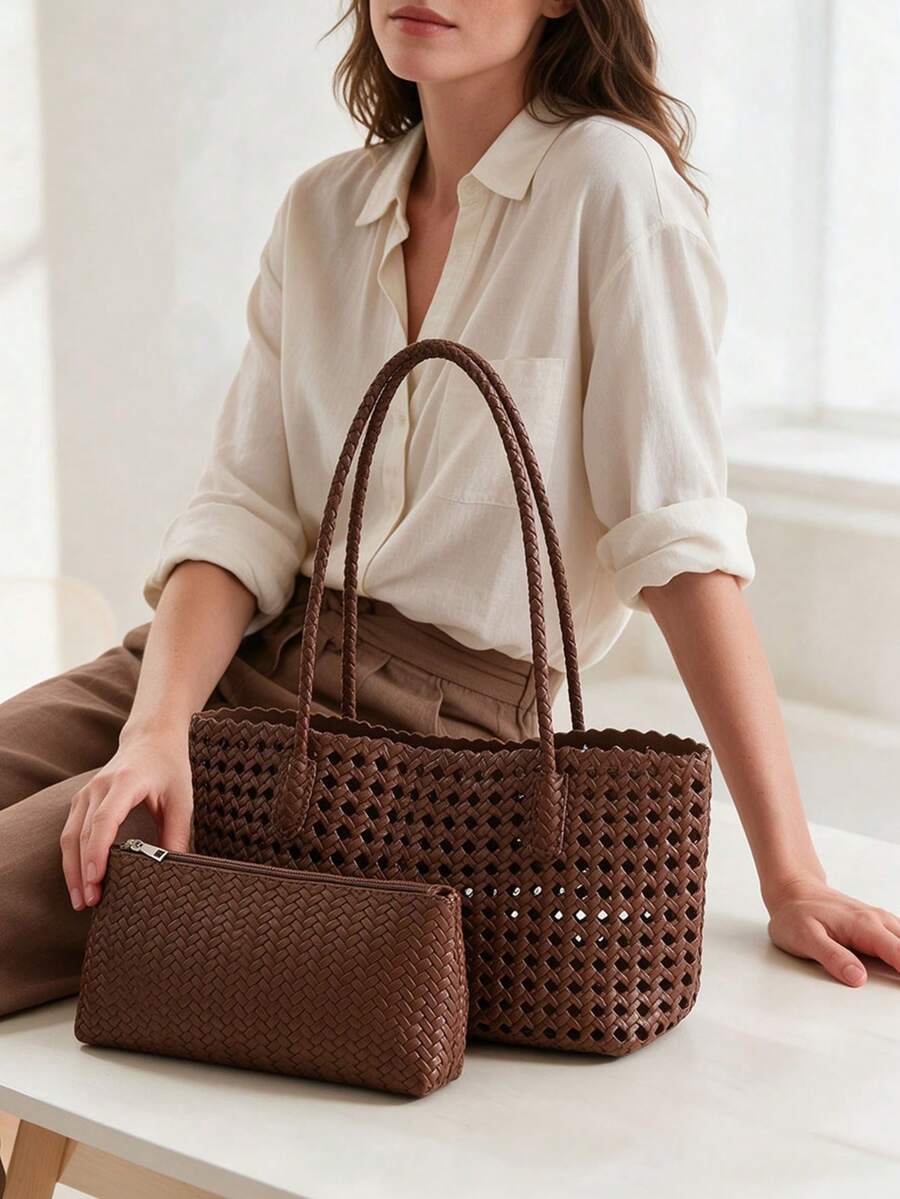 Women's Woven Tote Shoulder Bag, Hollow Design Woven Long Handle Large Capacity Vacation Casual Beach Handbag - Multi-color - View 1