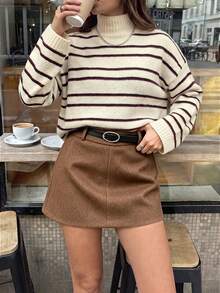Women Summer Fall Black Stripe Turtleneck Loose Short Knit Sweater Top - Multicolor - View 9