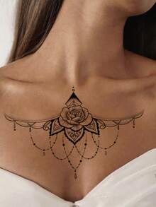 2pcs Waterproof Temporary Tattoo Stickers, Chest To Thigh Body Art Temporary Tattoo Stickers For Women, Black Floral Jewelry Lace Totem Style Patterns With Moon Butterfly Rose Chain Designs, Lasts 3-5 Days, Easy To Apply And Remove, Disposable Tattoo Stickers - Black - View 4