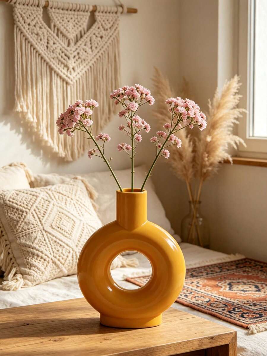 Donut-Shaped Hollow Resin Vase, Vintage Bohemian Abstract Sculpture, Dried Flower Desktop Decor, Living Room Windowsill Decoration, Housewarming Gift - Yellow - View 1