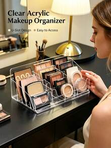 Transparent Acrylic Cosmetic Palette Organizer, U-Shaped Slot Design Makeup Tray, Multi-Compartment Eyeshadow Blush Powder Storage Rack, Suitable For Vanity Tabletop - Multicolor - View 2