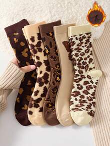 2 Pairs Women's Mid-Calf Socks, Burgundy Leopard Print Warm Thickened Socks, Suitable For Autumn/Winter Wear - Multicolor - View 1