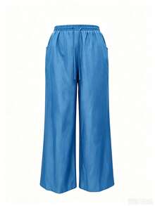 Women's Plus Size Straight Leg Pants, Drawstring Waist With Pockets, Non-Stretch Fabric, Casual And Comfortable - Blue - View 5