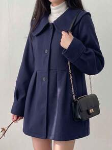 Women's Navy Blue Faux Wool Oversized Peter Pan Collar Front Button Long Sleeve Loose Short Jacket, Autumn/Winter Outerwear - Navy Blue - View 2