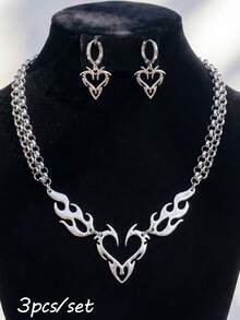 1pc Punk Silver Hollow Flame Heart Pendant, Hiphop Party Jewelry, Valentine's Day Gift - Silver - View 11
