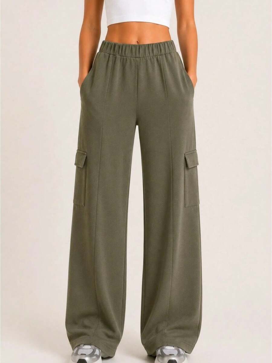 Women's Black Modal Fabric Cargo Pocket Wide Leg Trousers Pants - Khaki - View 1