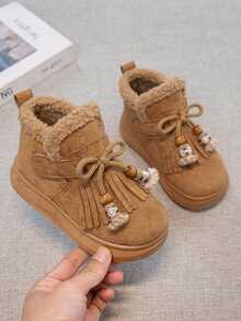 Sepatu Bot Musim Dingin Model Ankle dengan Rumbai, Lapisan Bulu, Perekat Velcro untuk Memudahkan Pemakaian dan Pelepasan, Sepatu Bot Hangat untuk Anak Perempuan - Unta - View 1