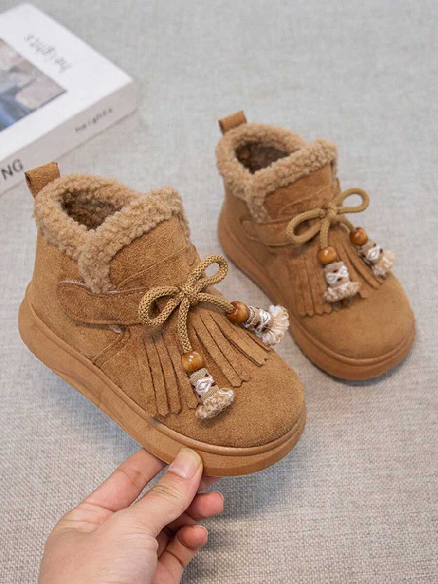 Sepatu Bot Musim Dingin Model Ankle dengan Rumbai, Lapisan Bulu, Perekat Velcro untuk Memudahkan Pemakaian dan Pelepasan, Sepatu Bot Hangat untuk Anak Perempuan - Unta - View 1