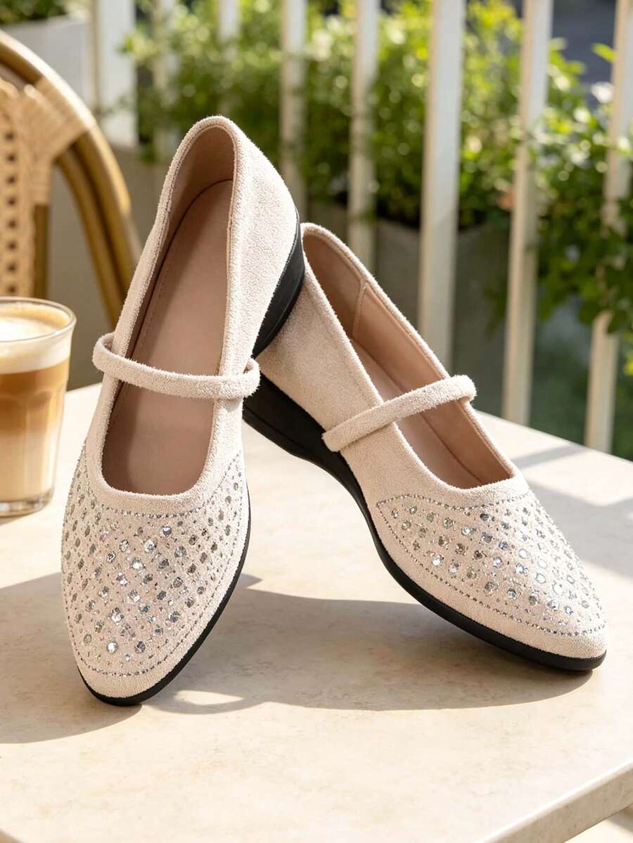 Women Rhinestone Embellished Mary Jane Wedge Heel Shoes, Single Strap Square Toe Textile Upper Soft Low Wedge Sole Casual Daily Wear Shoes - Beige - View 1