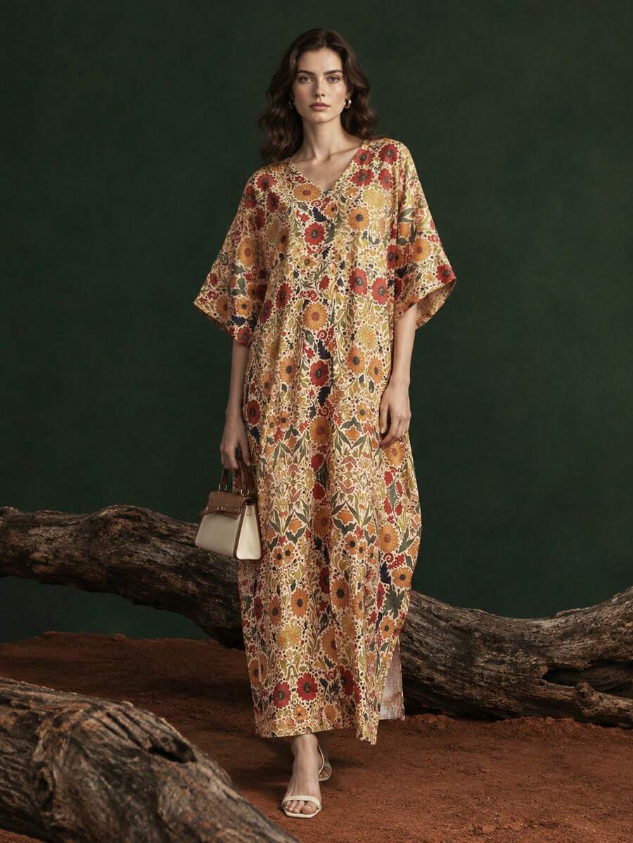 1pc Floral Print Elegant Batwing Sleeve Women's Dress For Evening Date Beach Home - Champagne - View 1