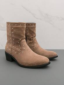 Men's Western Cowboy Boots Round Toe Brown Suede-Like Fabric Upper Rhinestone Decor Side Zipper Chunky Heel Boots Party Daily Casual Footwear - Brown - View 6