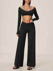 TimeOff Women's One Set Autumn/Winter Solid Color High Neck Long Sleeve Top With Side Pockets And Pleated Wide-Leg Pants - Black - View 7