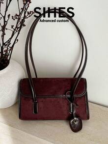 1pc Solid Color Suede New Women's Bag, Shoulder Bag, Fashion Square Handbag, Baguette Bag, Magnetic Closure, Dual Handles, Suitable For Commuting, Shopping, Dating, Shopping - Coffee - View 11
