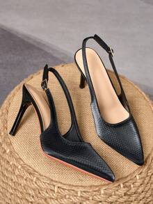 2026 Textured Embossed Thin Heel High Heels For Women, Pointed Toe Minimalist Back Strap Adjustable Closed Toe Fashion Sandals, Toe Protection, Breathable Backless Design, Suitable For Commute, Date, Party, Matches With Trench Coat, Wide Leg Jeans, Elegant Mature Style - Black - View 2