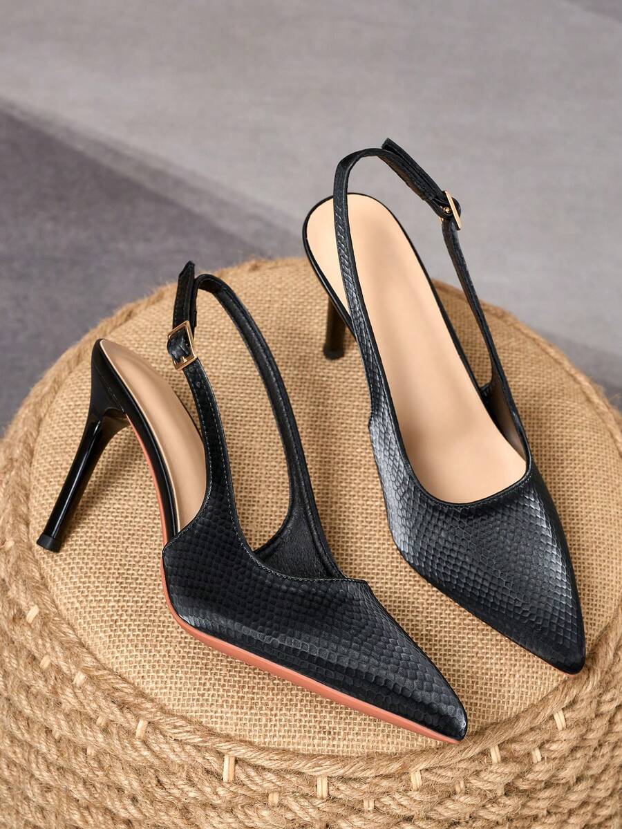 2026 Textured Embossed Thin Heel High Heels For Women, Pointed Toe Minimalist Back Strap Adjustable Closed Toe Fashion Sandals, Toe Protection, Breathable Backless Design, Suitable For Commute, Date, Party, Matches With Trench Coat, Wide Leg Jeans, Elegant Mature Style