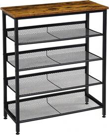 Zapatero de 5 niveles, banco de entrada de almacenamiento industrial con estantes de malla, asiento de madera, estantes largos de almacenamiento para entrada, pasillo, sala de estar, dormitorio - Negro - Ver 1