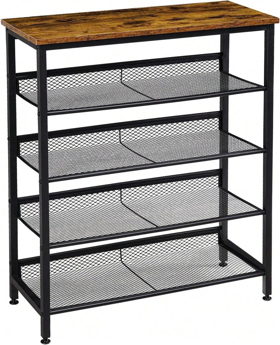 Zapatero de 5 niveles, banco de entrada de almacenamiento industrial con estantes de malla, asiento de madera, estantes largos de almacenamiento para entrada, pasillo, sala de estar, dormitorio - Negro - Ver 1